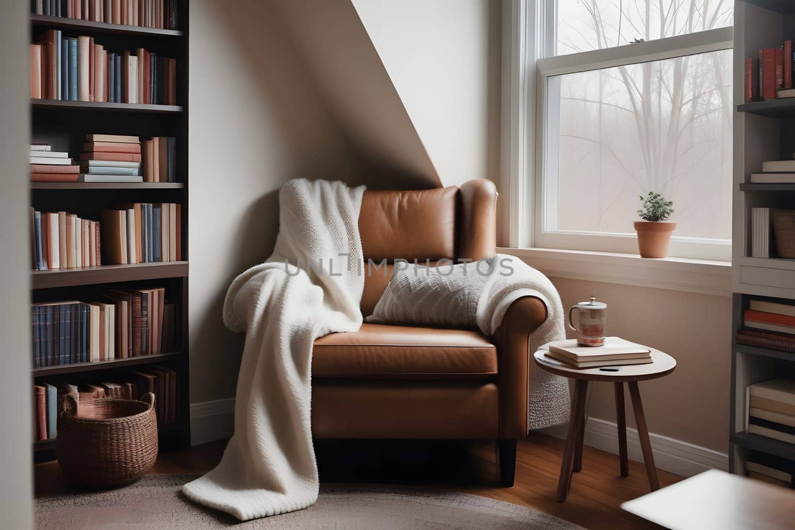 A comfortable sitting area featuring a leather armchair adorned with a soft blanket, positioned by a window. The nearby bookshelves are filled with various books, and a small side table holds a cozy drink. This corner radiates warmth and tranquility, perfect for reading or relaxing.