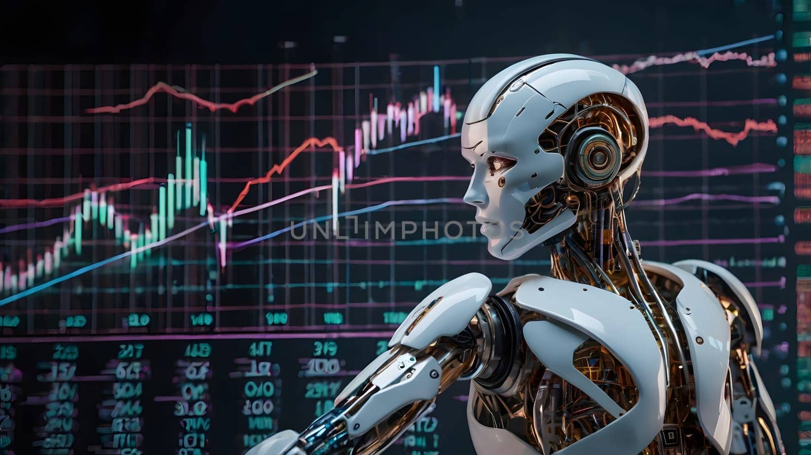 A humanoid robot with intricate components stands in front of digital financial data displays. The background features colorful graphs and statistics, indicating fluctuations in the market. The robot appears focused as it processes information related to trading performance and trends.