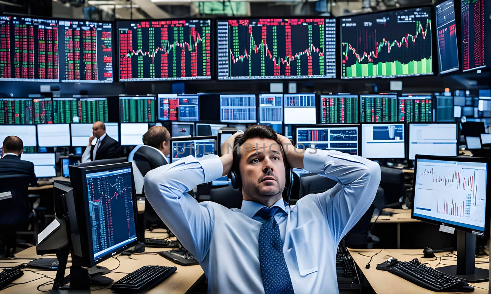A man in a blue shirt and tie sits in a trading room, his hands on his head, watching multiple computer monitors displaying stock market data. His expression is one of stress and concern as he observes the fluctuating numbers. Other traders are also visible in the background, working at their stations.