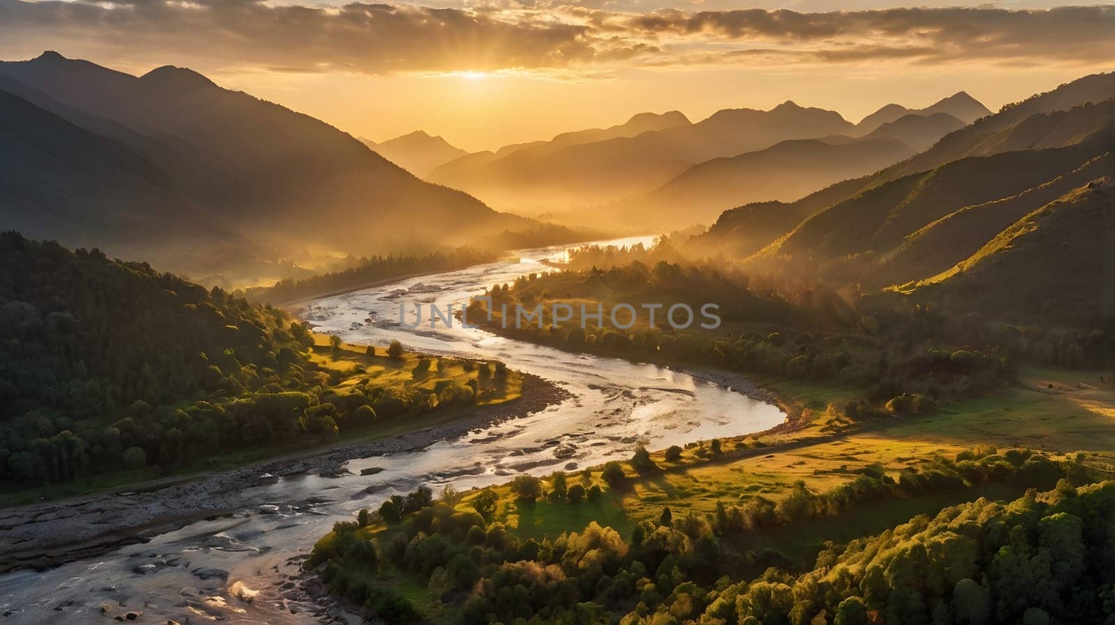The sun rises gently over the horizon, casting a warm glow on the winding river flowing through the lush valley. Mountains stand tall in the background, shrouded in mist, as the peaceful landscape awakens to a new day. This picturesque setting captures the tranquility of nature and the beauty of early morning light.