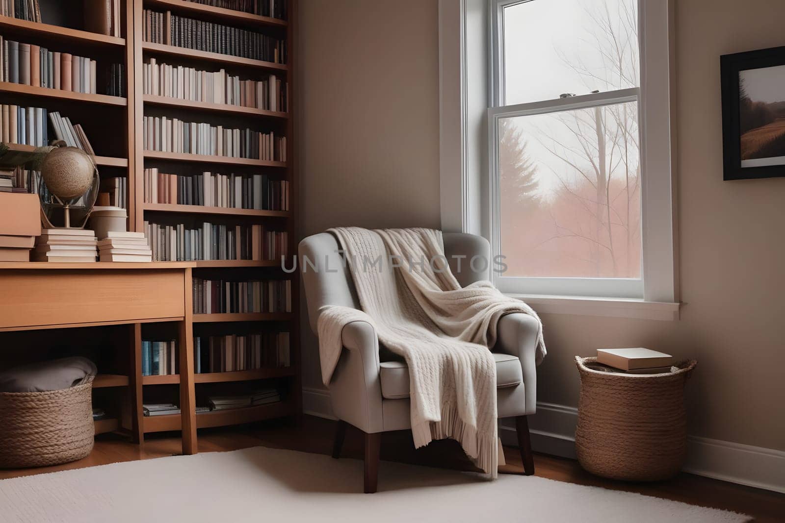 A cozy nook features a plush armchair draped with a soft blanket, inviting readers to unwind. Beside it stands a wooden desk filled with books and a decorative globe, creating a peaceful atmosphere perfect for reading or reflection. Natural light filters in through the window, enhancing the warm ambiance.