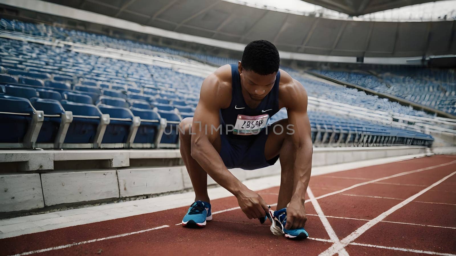 An athlete crouches on a running track in a nearly empty stadium, carefully tying his shoelaces as he prepares for an upcoming race. The bright daylight enhances the intense focus on his training, highlighting his dedication and readiness.