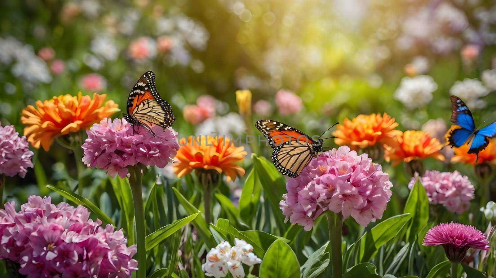 A stunning display of colorful butterflies flutters among the blooming flowers in a garden. The bright petals inspire a delightful ambiance as the butterflies delicately land on various blossoms, collecting nectar in the warm sunlight of late spring.