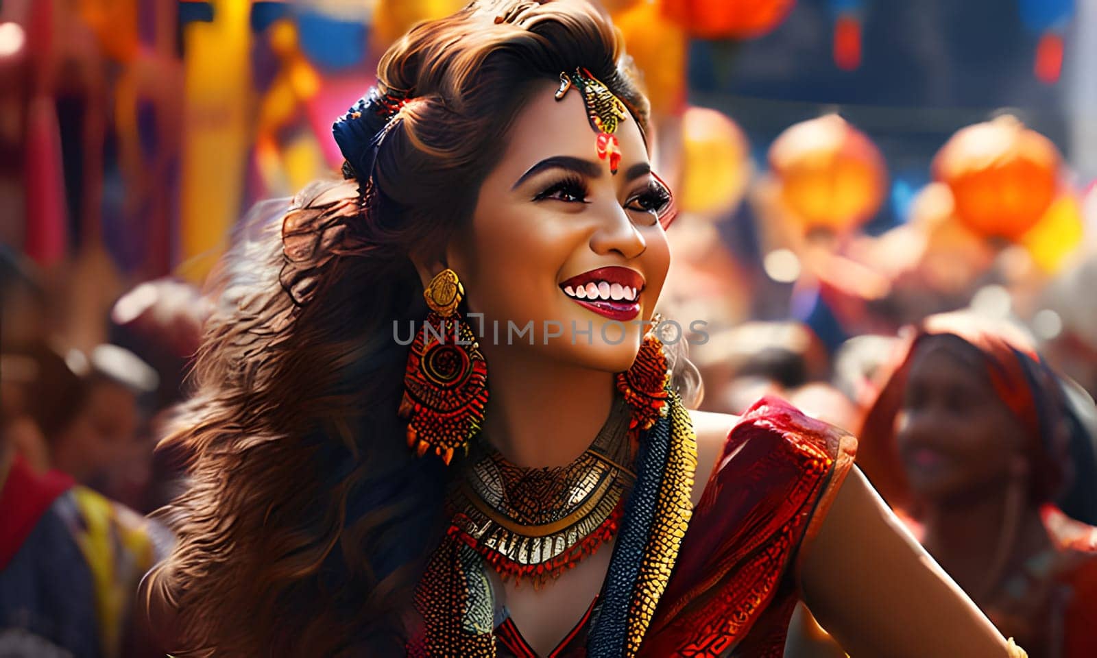 A woman with long, dark hair and a bright red bindi smiles warmly while wearing a red and gold sari and traditional Indian jewelry. The colorful backdrop suggests she is in a crowded festival setting. The image captures the vibrant energy of an Indian celebration.