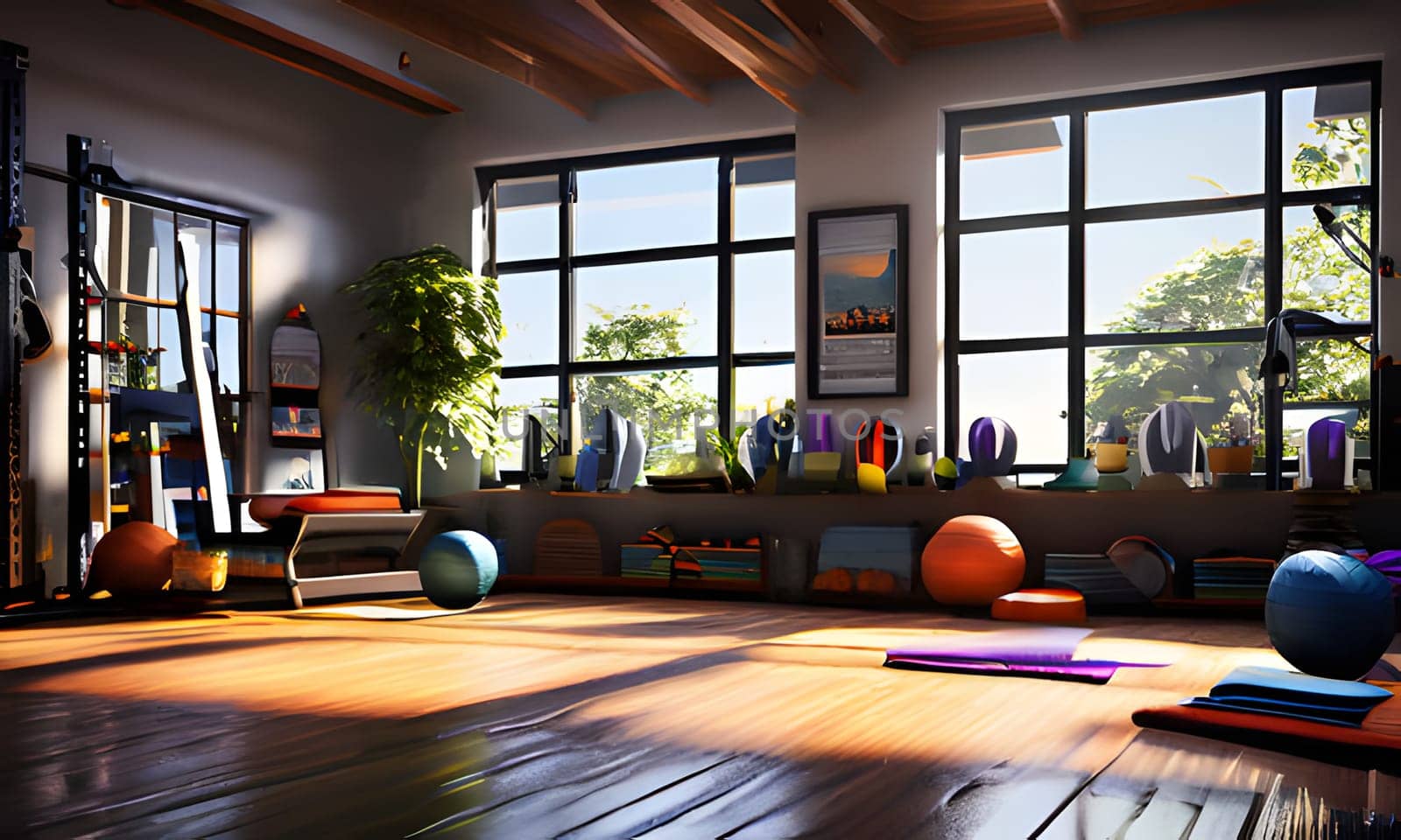 A bright, airy home gym with large windows allowing in natural light. The space features wooden floors, a large exercise rack, and a variety of exercise equipment, including weights, exercise balls, and yoga mats. The gym also has a potted plant and a motivational poster on the wall. The space is ideal for a productive and inspiring workout.