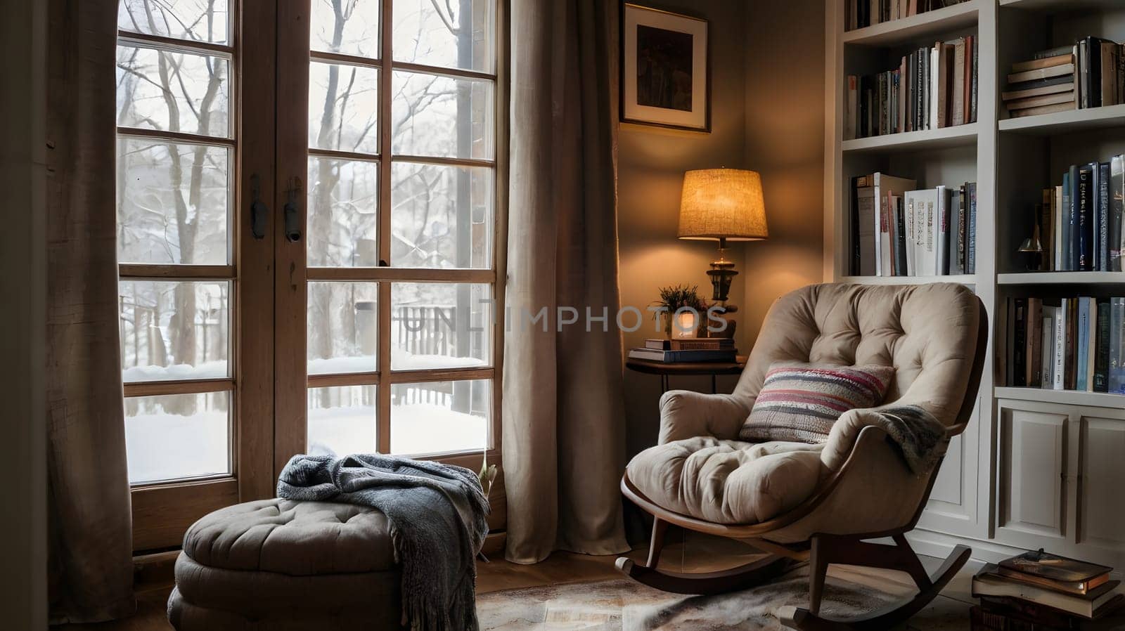 A warm and inviting reading nook features a comfortable rocking chair and a small ottoman beside a window. Outside, a snowy landscape creates a serene atmosphere while warm light from a nearby lamp enhances the cozy indoors.