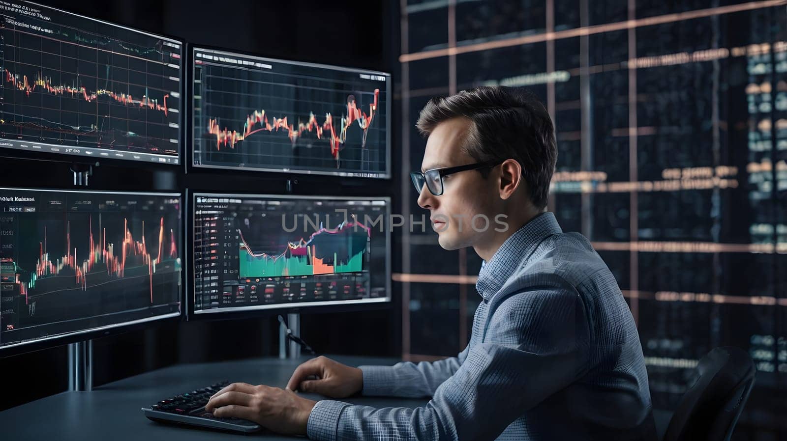 A focused individual is intently studying various market charts and financial data displayed on multiple monitors. The dimly lit office creates an atmosphere of concentration as the trader types and reviews the information for investment decisions.