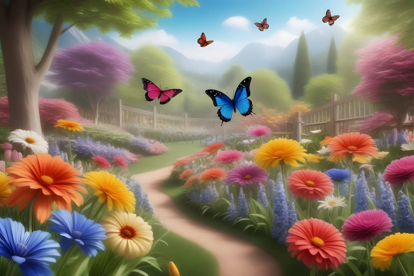 A picturesque garden blooms with a variety of colorful flowers in shades of pink, blue, and yellow. Butterflies flutter gracefully among the blossoms, creating a lively atmosphere. Lush greenery and trees line the winding pathway, inviting visitors to explore the tranquil landscape under a clear blue sky.