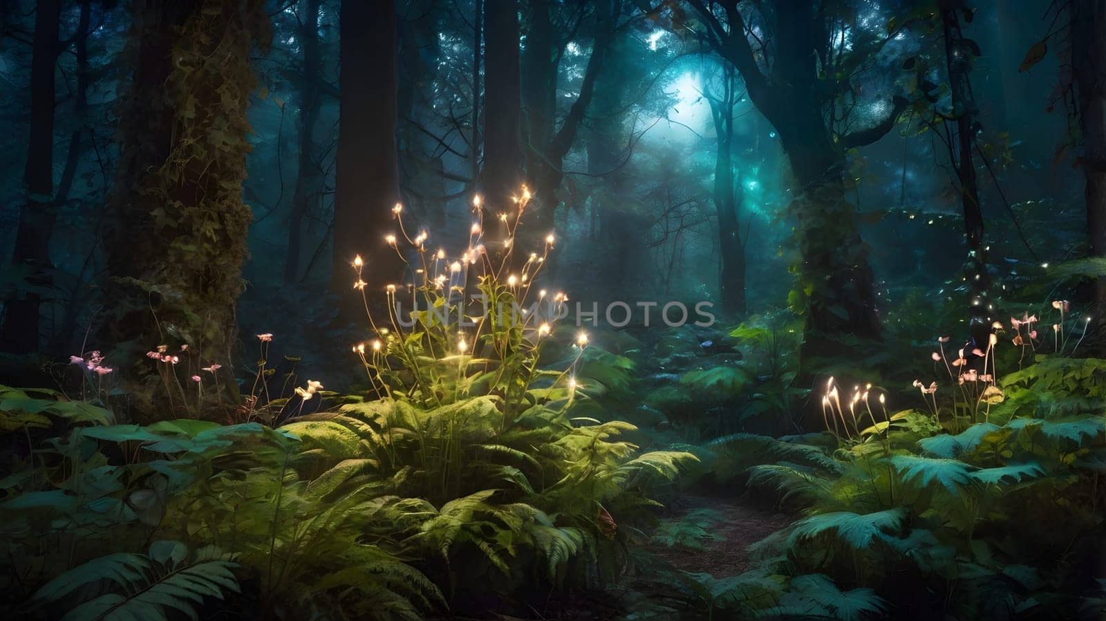 In a tranquil forest glade, soft luminescence emanates from unique plants, casting a magical glow amidst lush ferns and towering trees. The serene atmosphere is enhanced by fading daylight filtering through the canopy, creating a mystical ambiance.