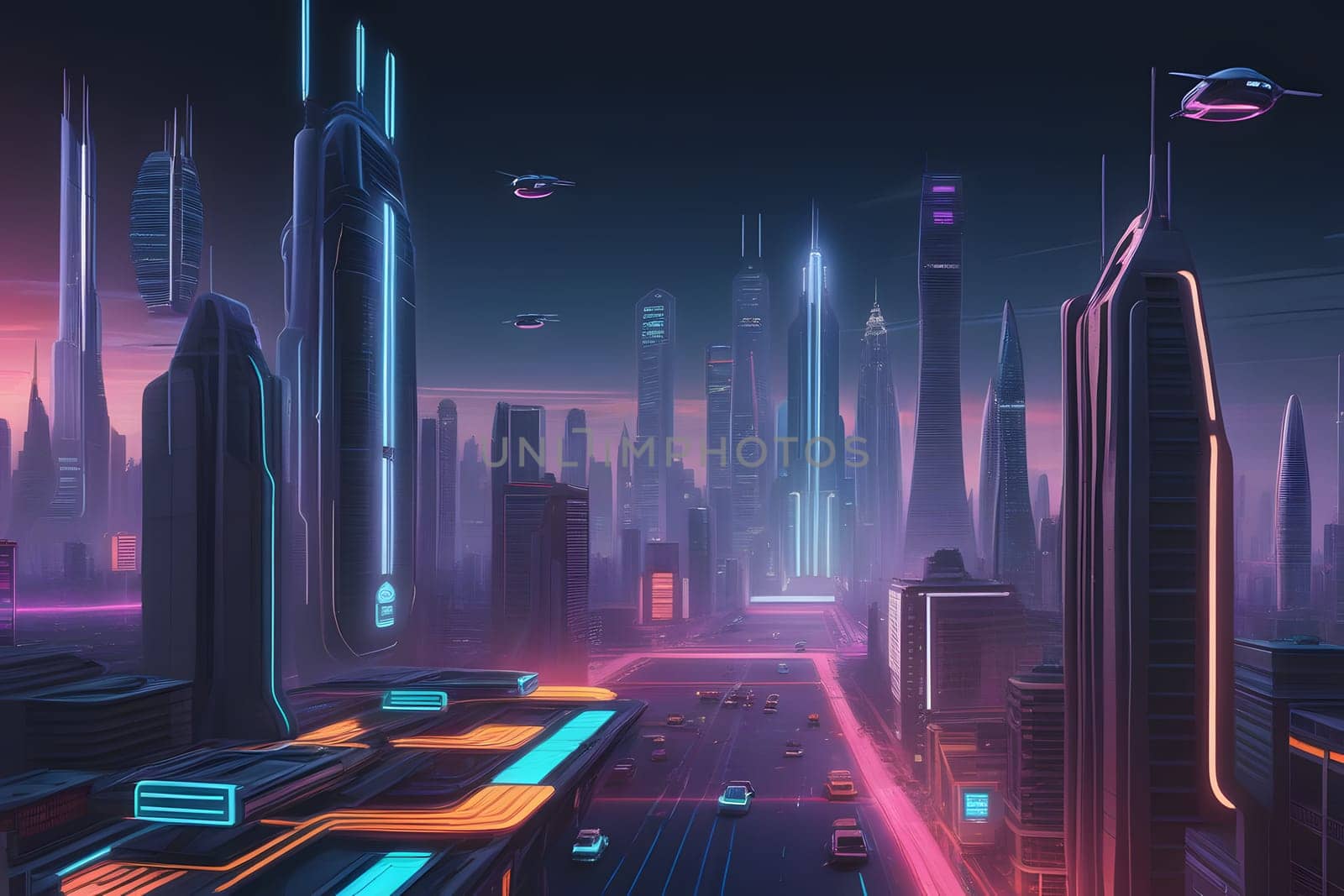 In a vibrant futuristic city, towering skyscrapers adorned with neon lights dominate the skyline. Hovering vehicles zip through the air, illuminating the bustling streets below. The scene captures the essence of technological advancement and urban life during twilight.
