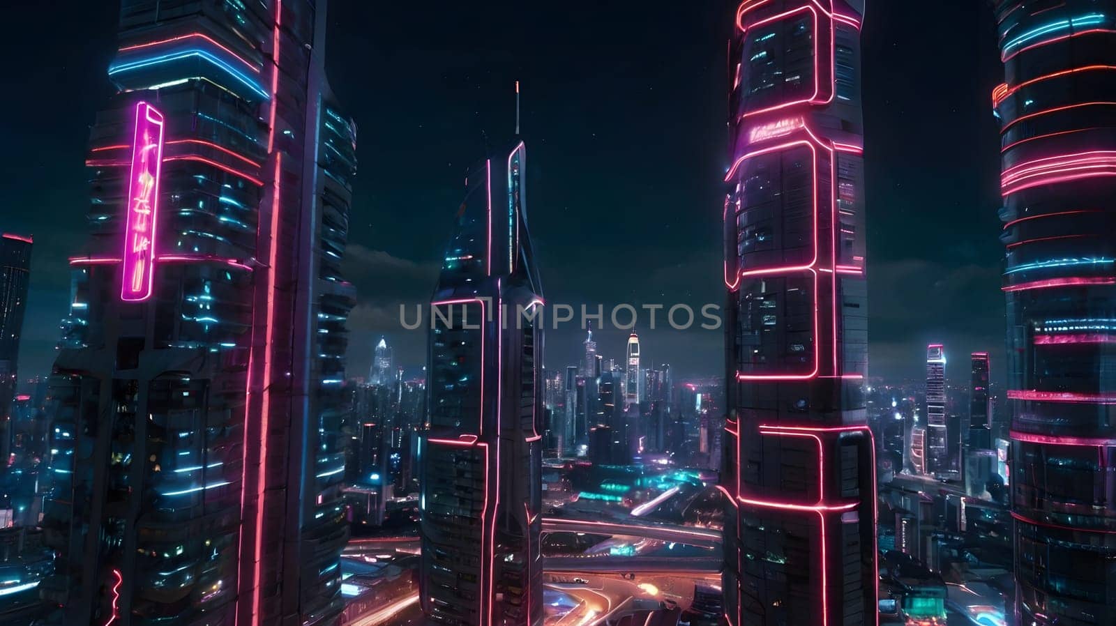 A breathtaking city skyline is illuminated with vibrant neon lights at night, featuring towering skyscrapers reflecting the glowing colors. The urban landscape showcases modern architecture against a dark backdrop, while city traffic flows along the illuminated roads below, creating a dynamic atmosphere.