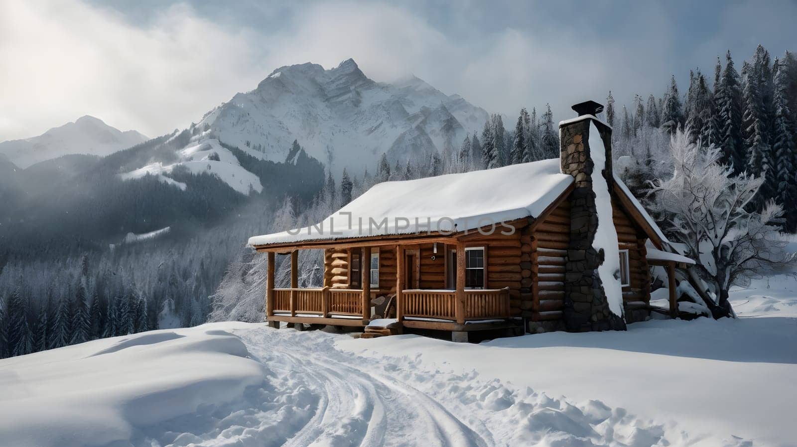 A charming wooden cabin sits amidst a blanket of snow, with majestic mountains rising in the background. The scene captures a serene winter atmosphere, where the snow glistens in the soft light, providing a peaceful retreat in nature's embrace.