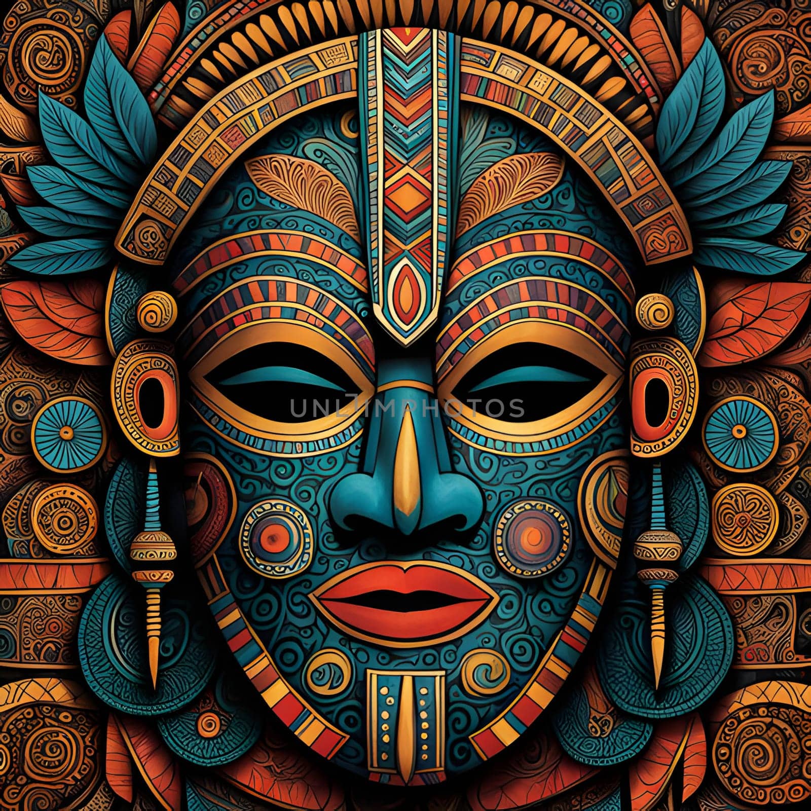 A close-up of a traditional African mask, painted in shades of blue, gold, and red. The mask is intricately decorated with geometric patterns, creating a visually striking design.