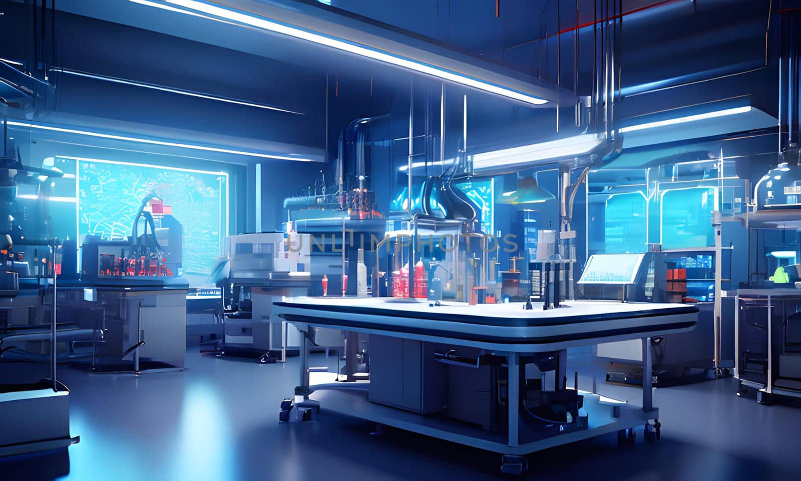 A brightly lit, modern laboratory with sleek, white and silver equipment. Glass beakers and tubes filled with colored liquids sit on a large, central table. A wall-mounted monitor displays a complex digital readout.