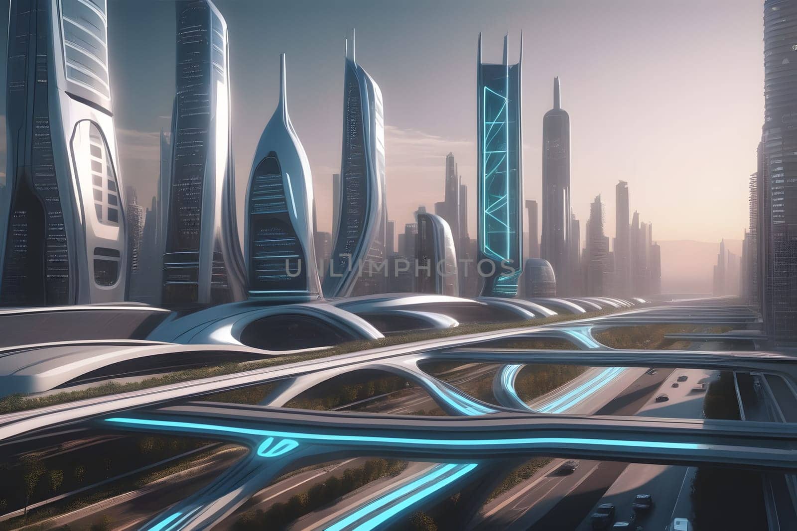 A vibrant cityscape features futuristic buildings showcasing sleek designs and illuminated accents. Elevated highways weave through the metropolis, highlighting advanced transportation options against a backdrop of a dusky sky. The scene captures the essence of innovation and modern living.