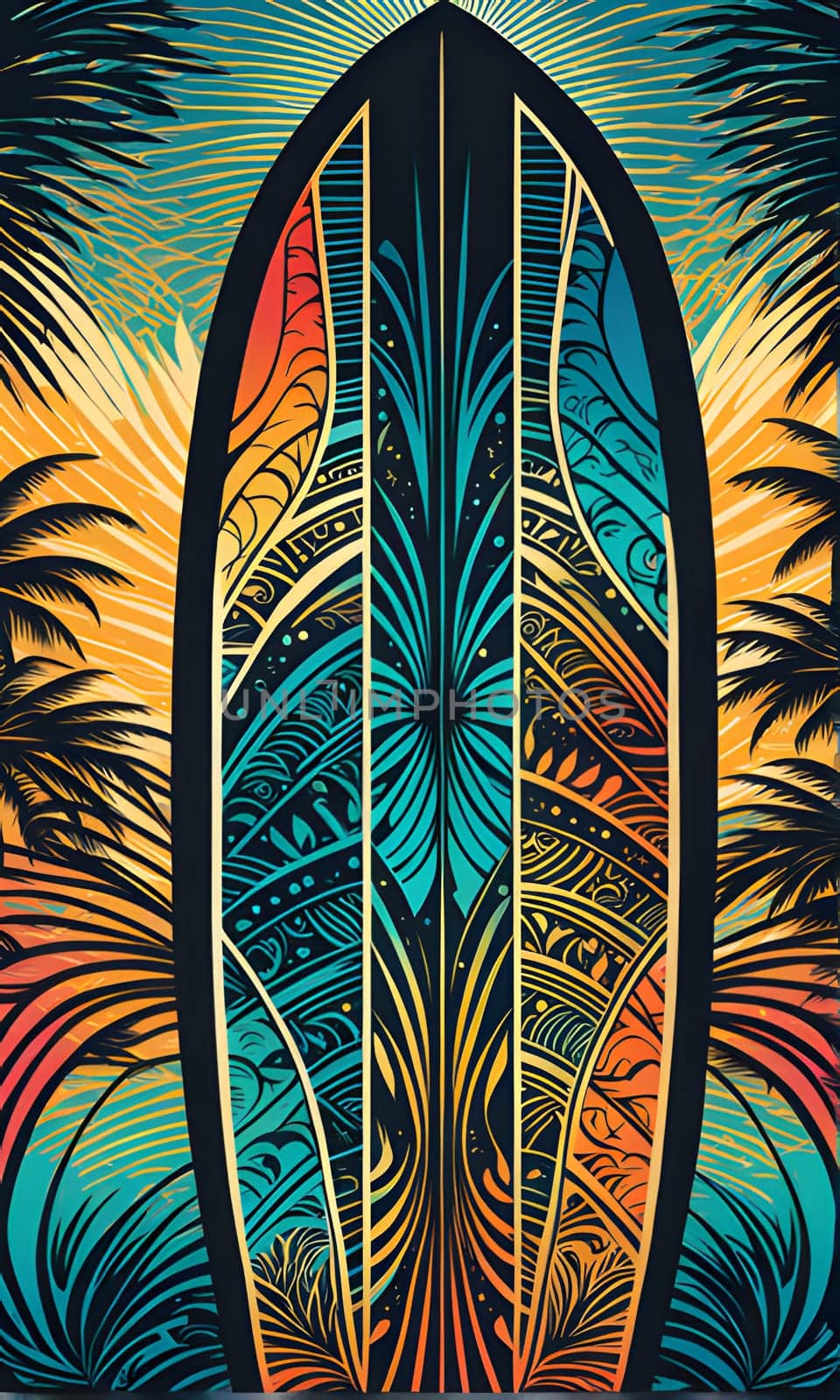 A vibrant, abstract illustration of a surfboard with a black background and intricate designs of palm trees, waves, and sunset colors. The surfboard is prominently featured, surrounded by palm trees on either side. The artwork features a variety of colors including teal, orange, yellow, and black.