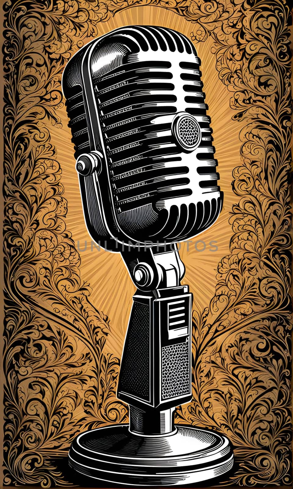A vintage microphone is depicted in a detailed illustration, standing on a base against a background of ornate floral patterns. The microphone's design features a classic style with a large, round head and a stand that is decorated with a grid pattern. The intricate background adds a sense of vintage charm and creates a visually appealing composition.