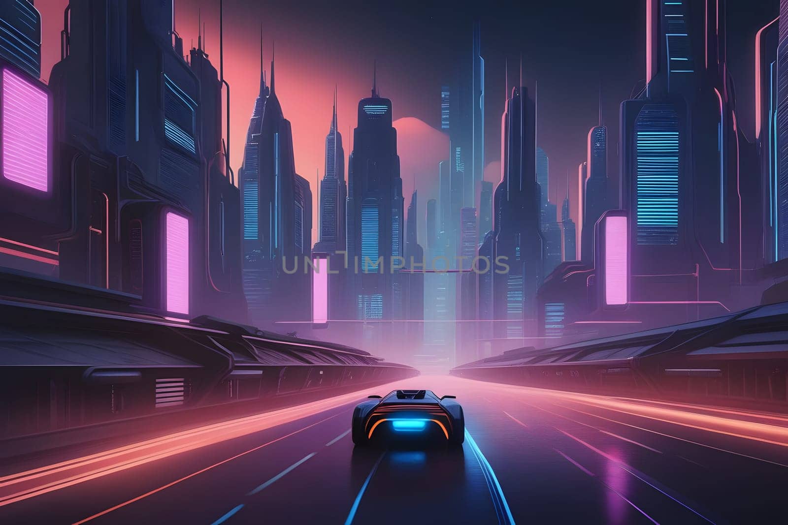 A sleek vehicle navigates a vibrant cityscape filled with towering skyscrapers illuminated by neon lights. The sky transitions to dusk with hues of orange and pink, creating a stunning backdrop for this futuristic urban environment. The atmosphere is electric as the vehicle glides smoothly down a wide road lined with glowing advertisements and high-tech architecture, evoking a sense of adventure and innovation.
