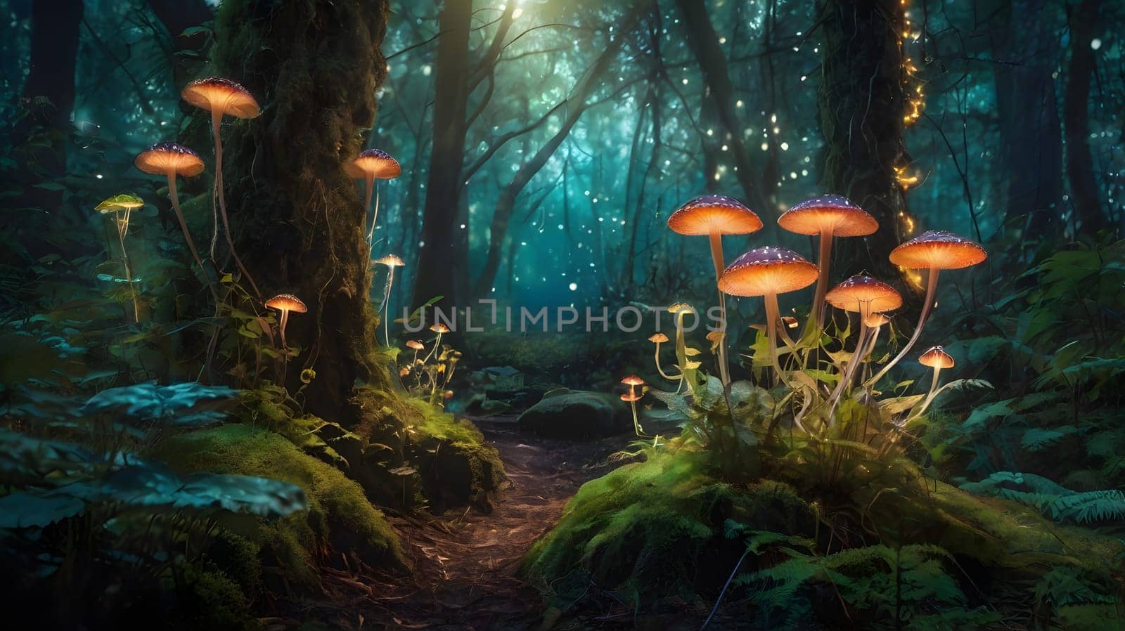 A tranquil forest pathway is surrounded by vibrant, bioluminescent mushrooms that light up the area as evening falls. Soft light filters through the dense trees, creating a mystical atmosphere filled with the beauty of nature.