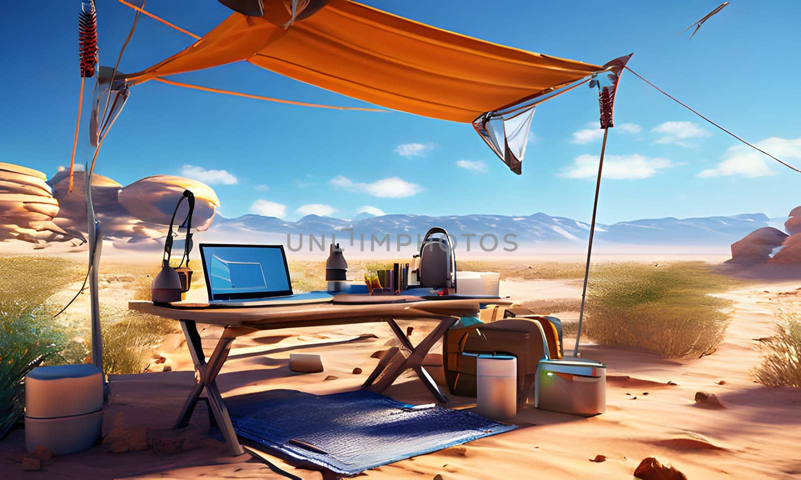 A laptop sits on a table beneath a canopy in a desert landscape. The table is set up with a laptop, a backpack, a water bottle, and other supplies. The canopy provides shade from the sun, and the scene is peaceful and tranquil.