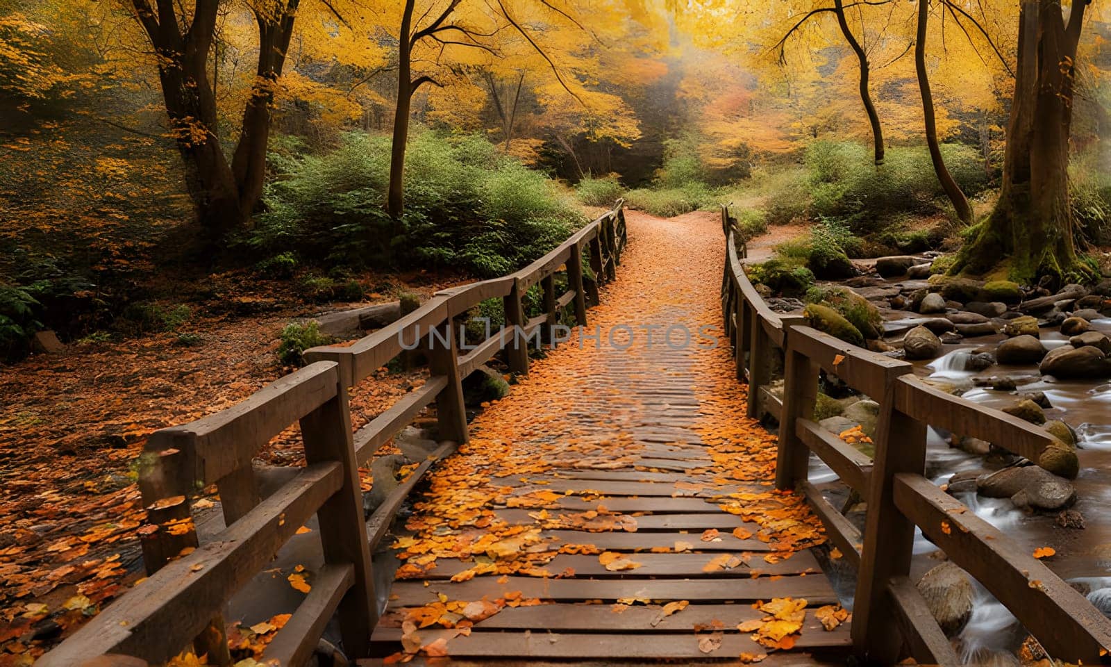 A wooden bridge with railings extends through an autumn forest, leading to a pathway covered in fallen leaves. A small stream runs along the edge of the bridge, with stones scattered along its banks.