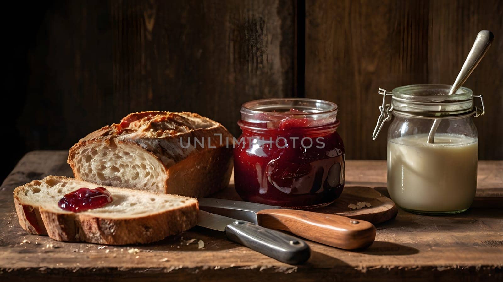 A wooden table with a loaf of crusty bread sliced open and spread with red jam. Beside it are two jars, one filled with red jam and another filled with creamy white spread. A knife lays beside the bread on the table. Sunlight shines on the scene creating a warm, inviting atmosphere.