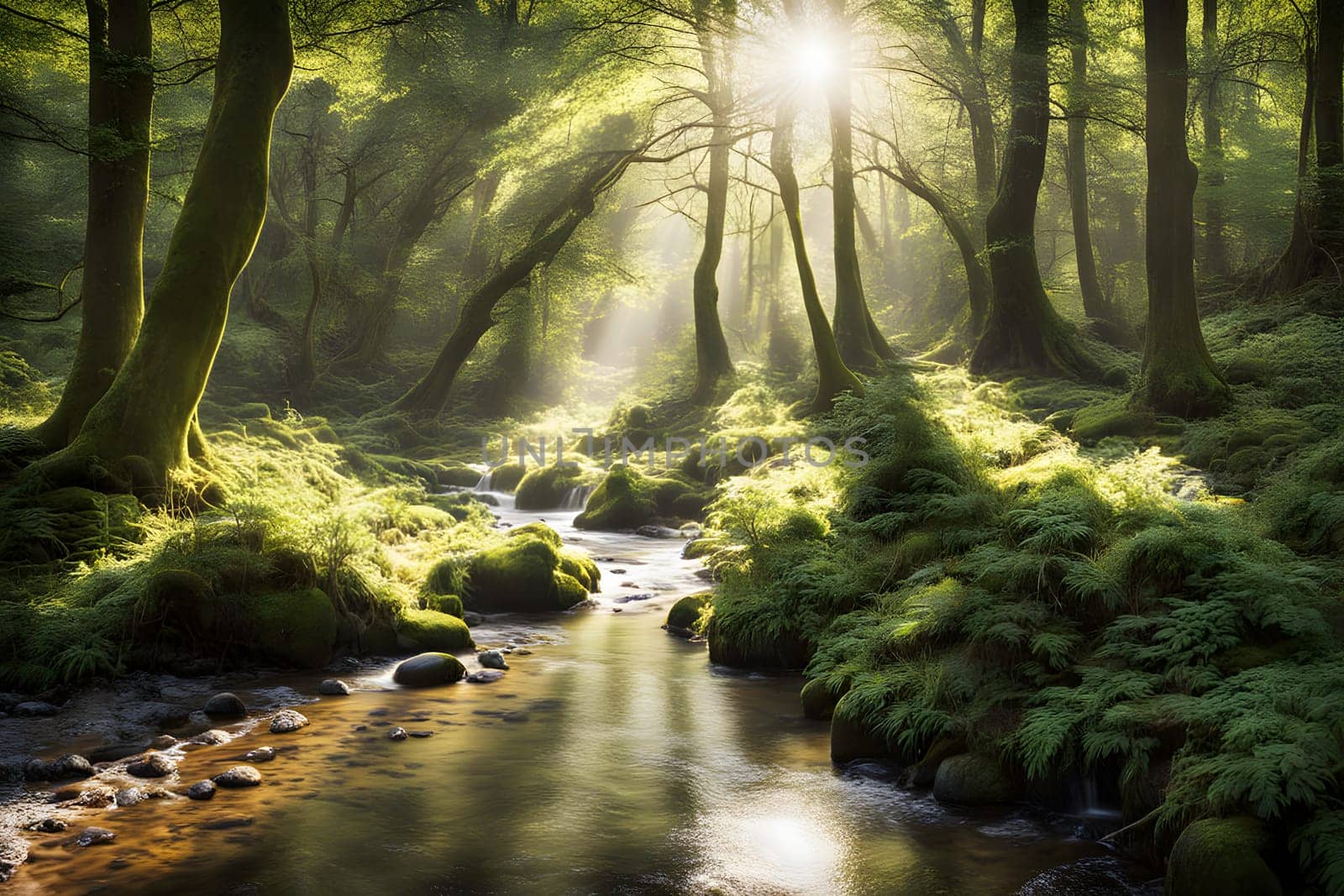 A tranquil forest features lush greenery surrounding a meandering stream. Sunlight filters through the trees, creating a warm glow in the early morning. The setting evokes a sense of peace and connection to nature.