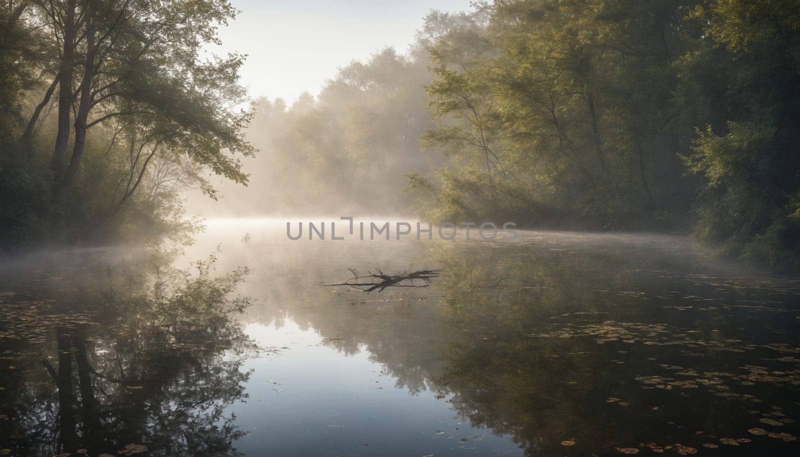 A tranquil body of water reflects the vibrant greenery of trees shrouded in a gentle morning fog. The stillness of the surface captures the serene beauty of nature at dawn, creating an atmosphere of peace and quiet contemplation. The mist rises softly, adding an air of mystery to the landscape, inviting exploration and introspection.