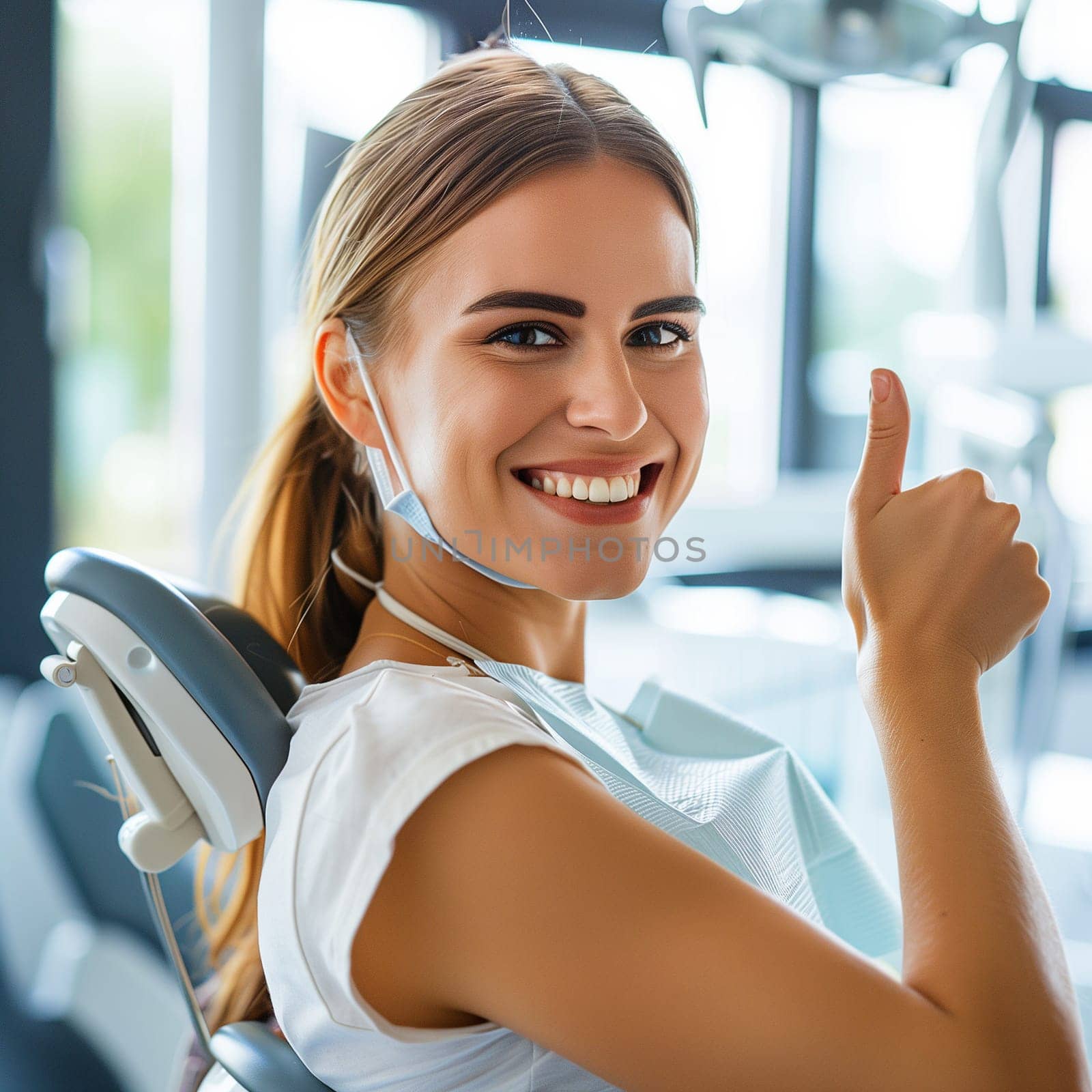 Happy patient sitting on a dentist chair giving a thumbs up with mask on, teeth showing a bright smile