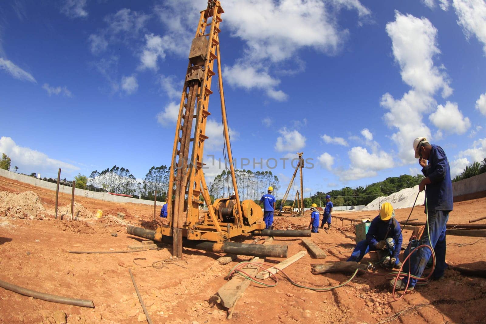 ilheus, bahia, brazil - may 23, 2022: pile driving equipment during foundations in a construction in the city of Ilheus.
