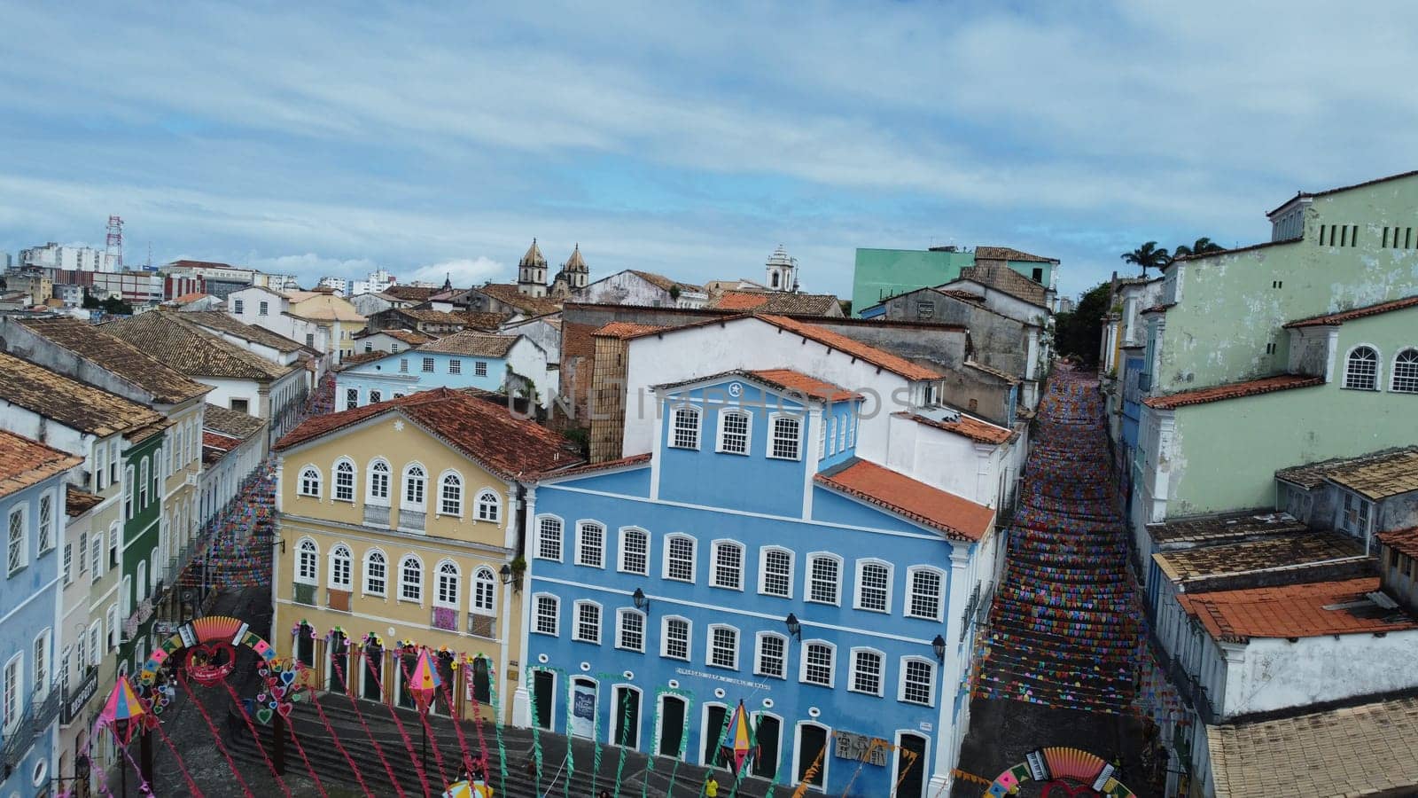 salvador, bahia, brazil - june 16, 2022: Decorative banners seen in the ornamentation for the festivities of Sao Joao in Pelourinho, Historic Center of the city of Salvador.
