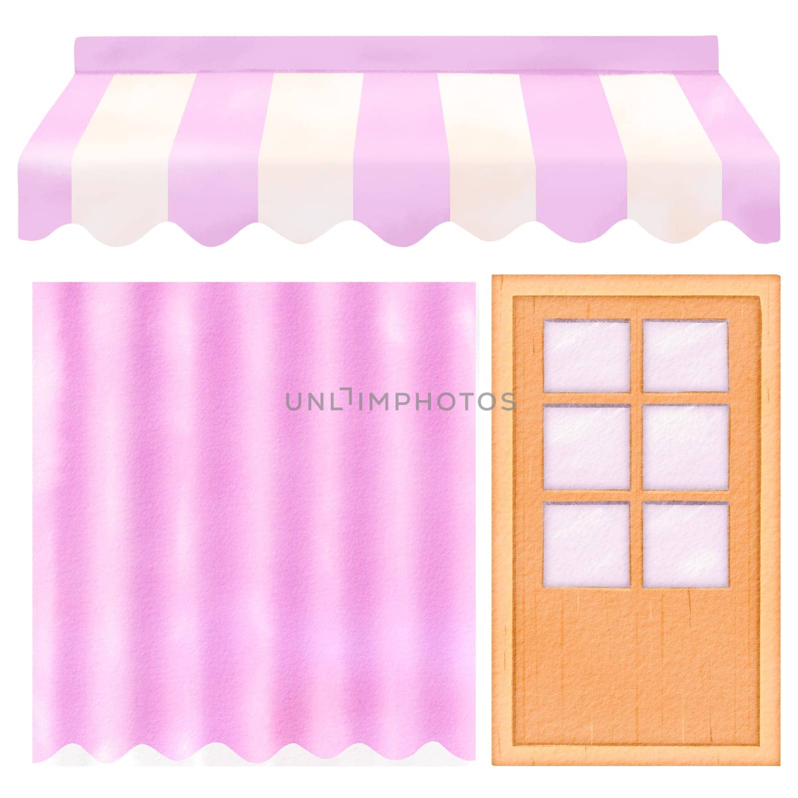 Cute pink and white striped awning with curtained window and door, ideal for charming storefront designs.