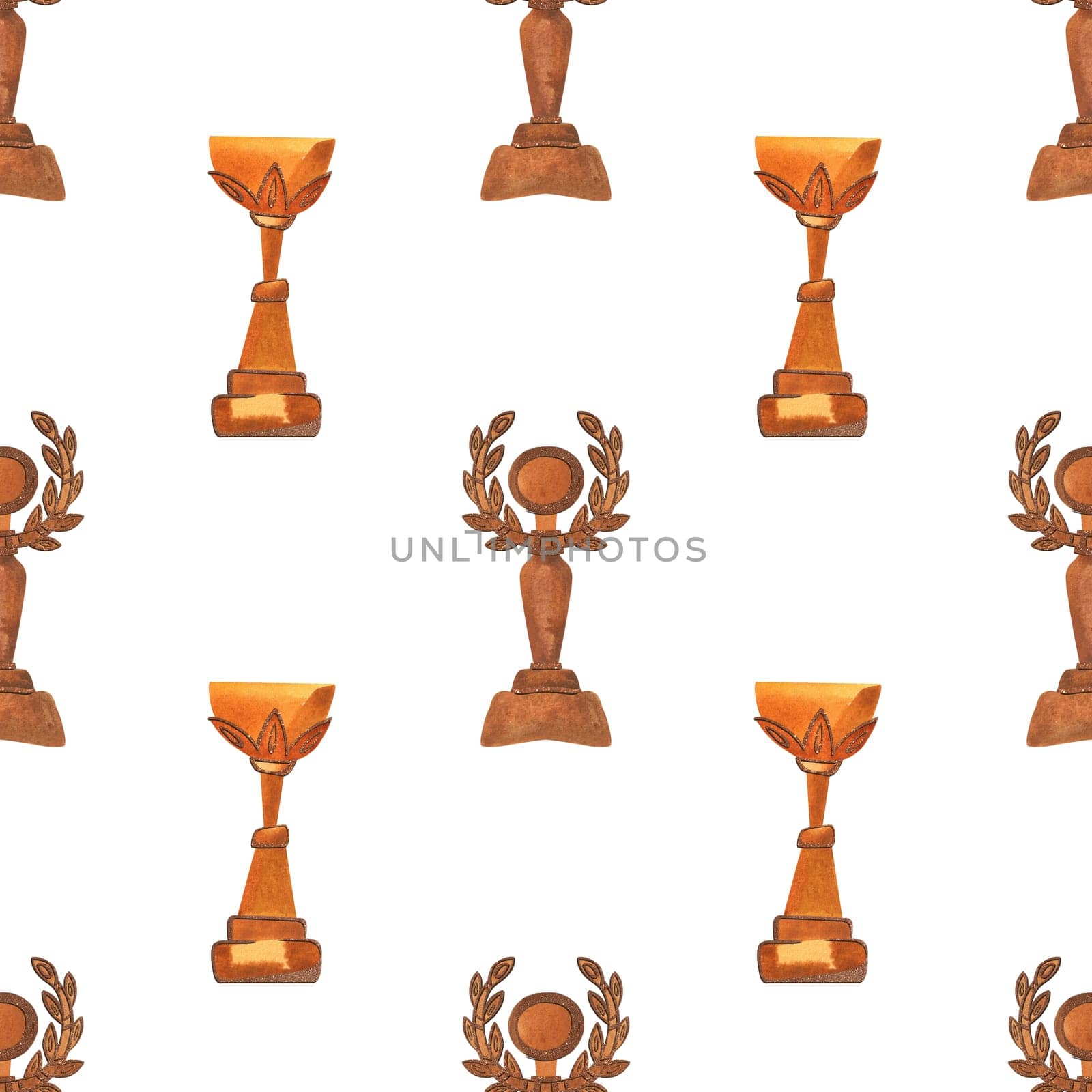 Competition winner prize: seamless pattern with sparkling cups and medals. Design of the award ceremony in watercolor