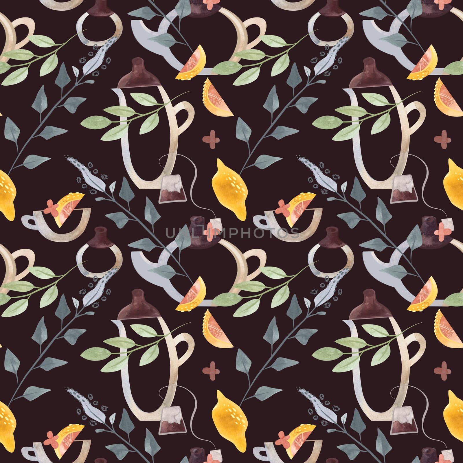 Herb tea. Melissa, mint, glassware, leaves and lemon slices. Seamless watercolor pattern for fabric, wallpaper, wrapping paper, packaging cosmetics, tablecloths, curtains and home textiles