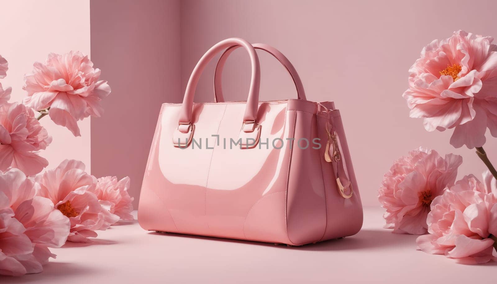 A glossy pink handbag with gold accents sits on a soft pink background. The handbag has a top handle and a zipper closure. A vase of pink flowers sits to the left of the handbag.
