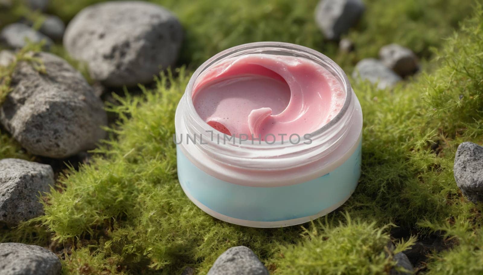 A close-up image of a jar of pink cream nestled in a bed of green moss. The cream has a soft, smooth texture and is ready to be applied to the skin. The jar is slightly tilted, and the surrounding moss creates a natural and serene backdrop.