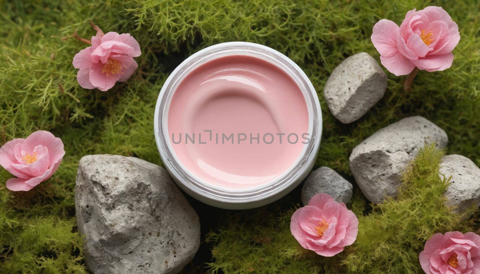 A close-up image of a jar of pink cream nestled in a bed of green moss. The cream has a soft, smooth texture and is ready to be applied to the skin. The jar is slightly tilted, and the surrounding moss creates a natural and serene backdrop.