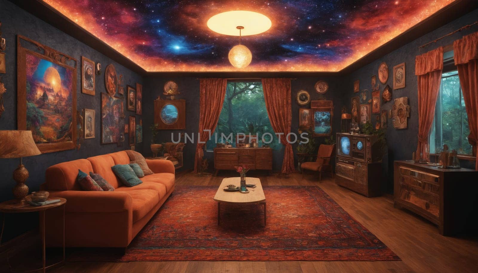 A living room with a unique design featuring a starry sky ceiling and galactic wallpaper. The room is furnished with a couch, chairs, and a coffee table. A large window provides a view of a nighttime sky.
