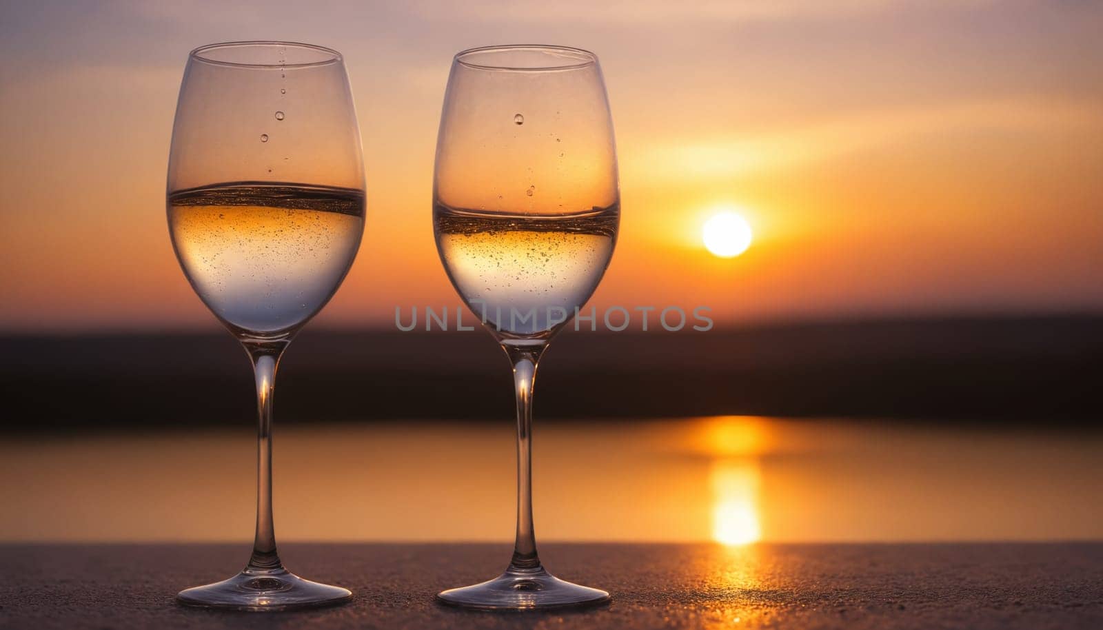 A single glass of water stands on the edge of a lake, its contents reflecting the warm colors of a setting sun. The stillness of the moment is emphasized by the calm water and the soft light, creating a peaceful and contemplative scene.