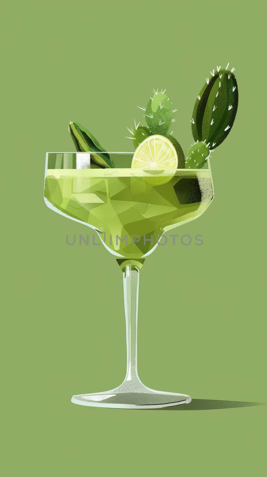 Green cocktail in a glass with cactus decoration and lime slice on green background. Refreshing drink concept.
