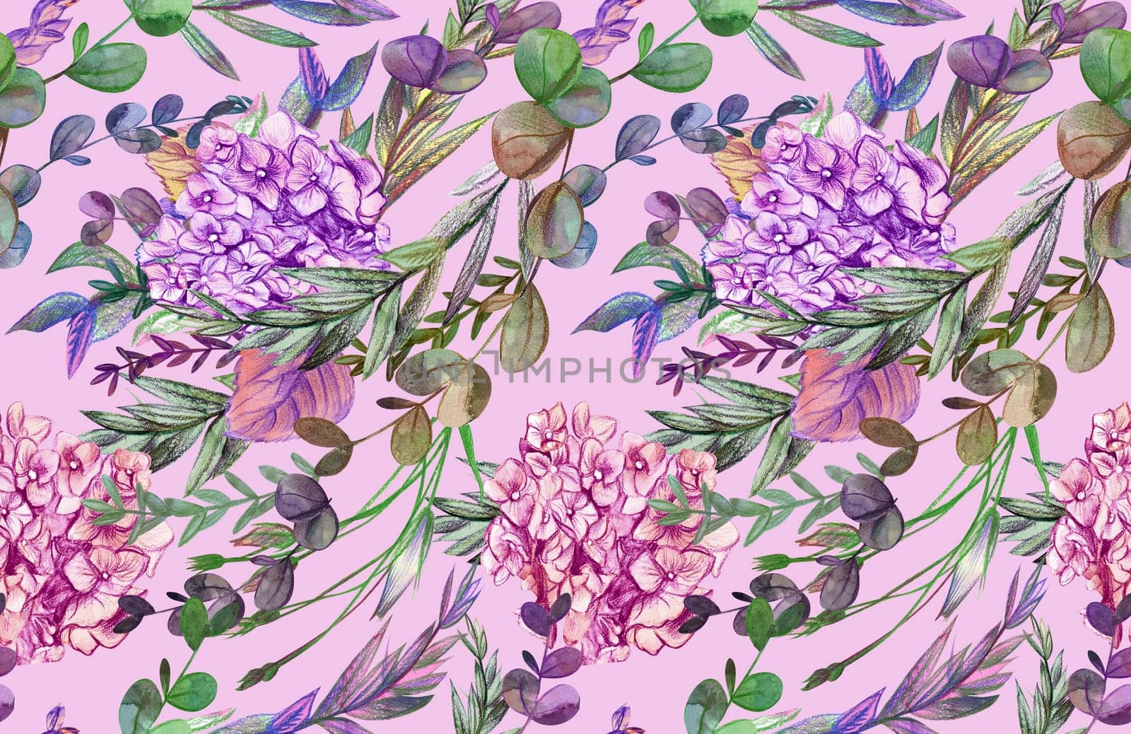Summer pattern with hydrangea flowers drawn in pencil and watercolor for textiles and design
