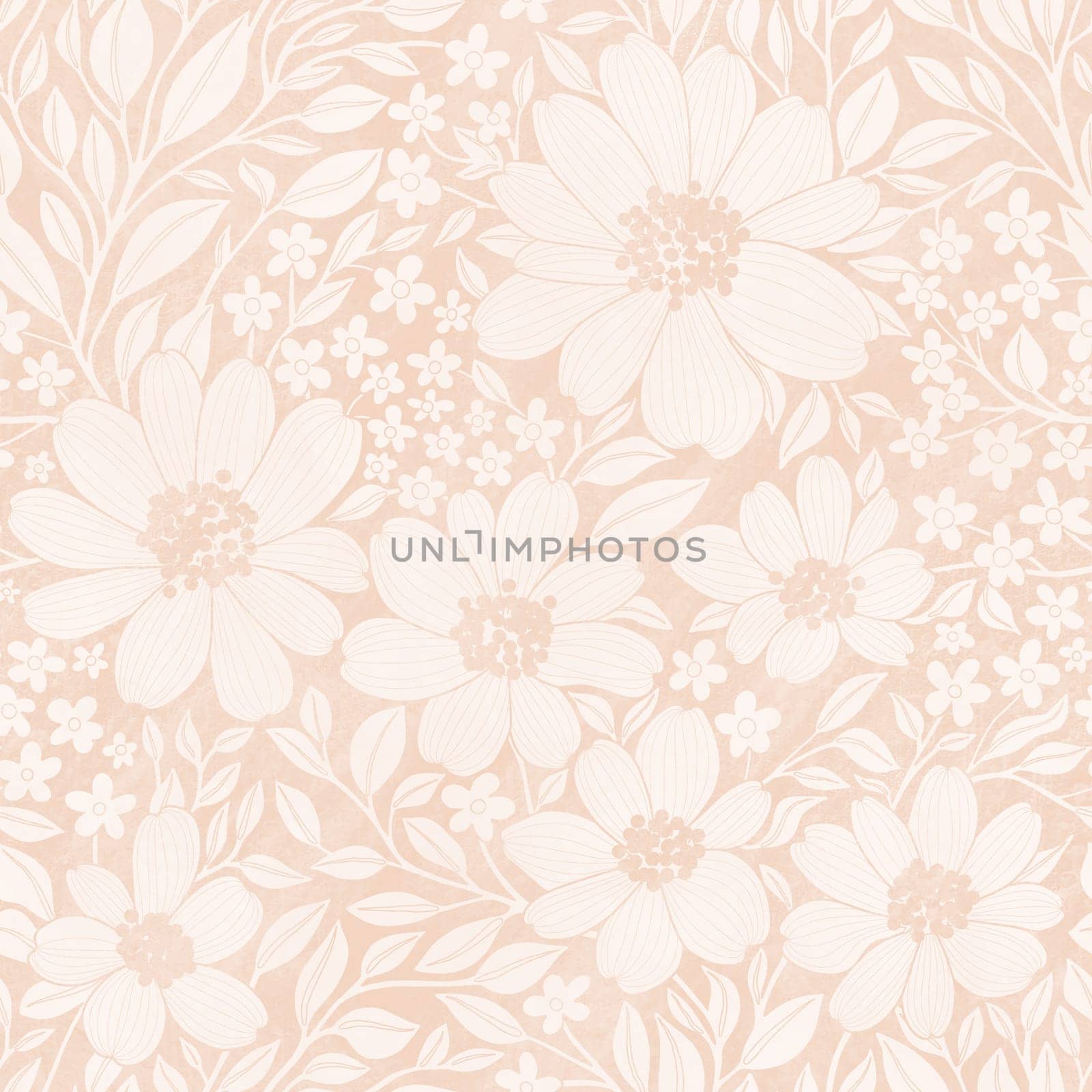 Floral Seamless Pattern of Pastel Vanilla Cream Color Flowers and Leaves with Texture, Great for Textiles, Wallpapers, Wrapping Papers, Fabrics, Prints, Package Design, Fashion, Beauty Products