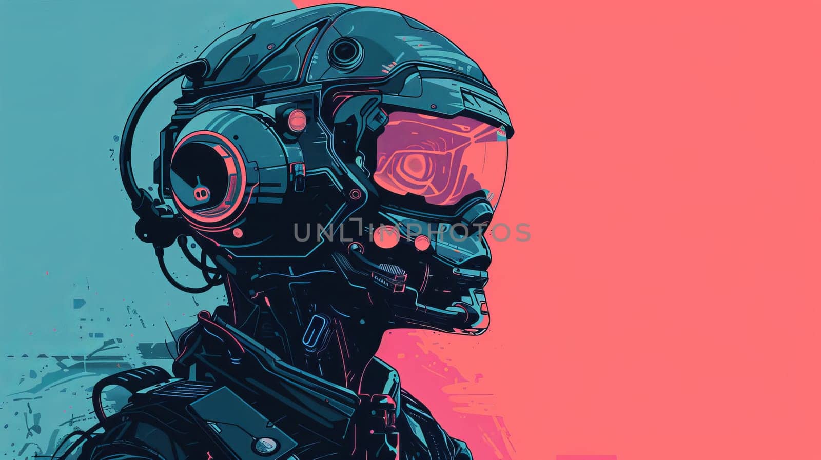 Futuristic cyberpunk soldier illustration with helmet and visor, side profile. Sci-Fi and technology concept.
