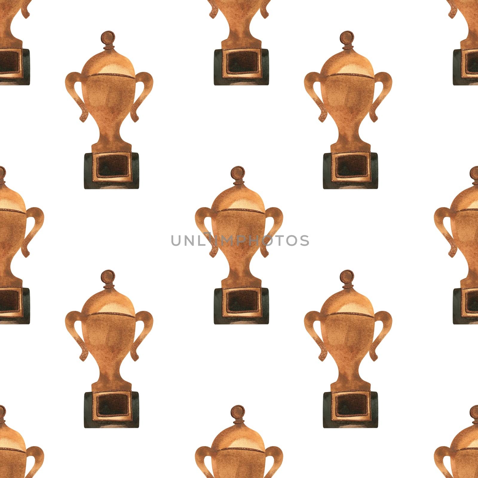 Competition winner prize: seamless pattern with sparkling cups and medals. Design of the award ceremony in watercolor