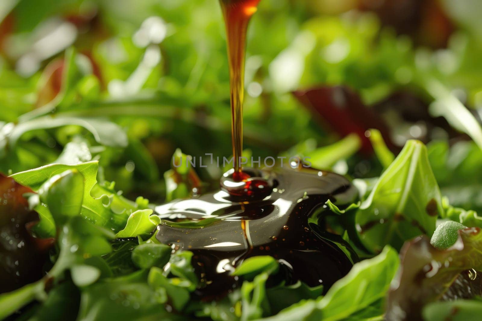 Fresh Olive Oil and Balsamic Vinegar Dressing Dripping onto Mixed Greens Salad.
