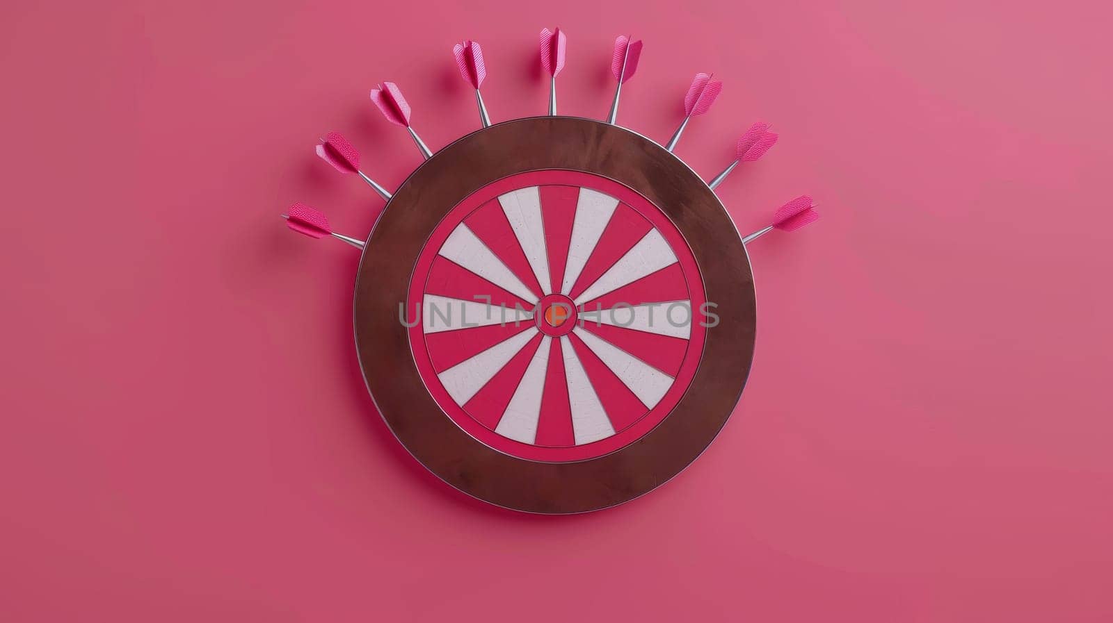 dartboard with multiple darts on pink background, playful concept.