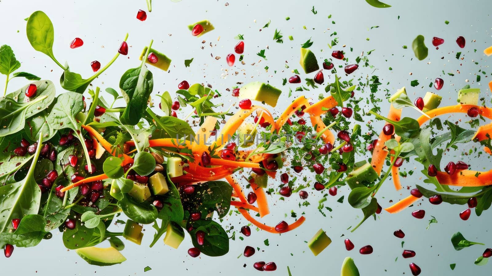 Vibrant Salad Ingredients in Mid-Air Cascade - Baby Spinach, Carrots, Avocado, Pomegranate Seeds.