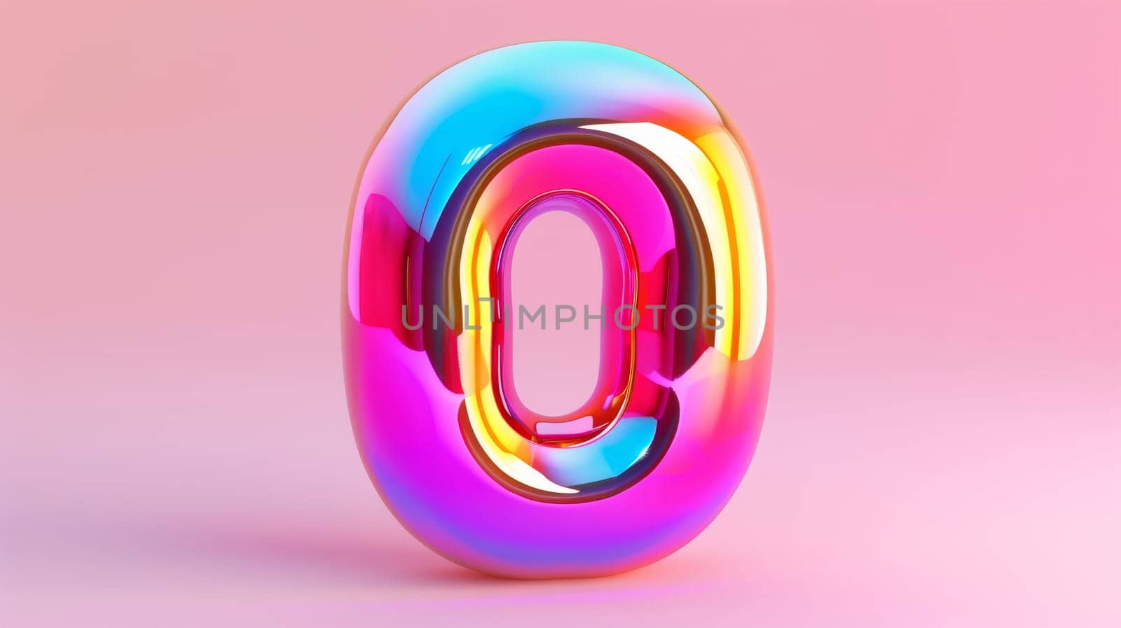 Metallic glossy number zero with vibrant colors on pink background, 3d rendering. Modern and futuristic design concept.