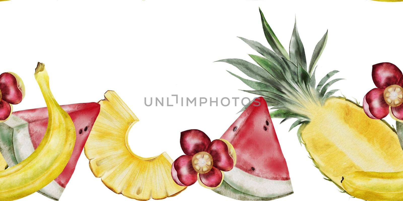 Seamless border of tropical fruits. Hand drawn drawing of ripe watermelon and pineapple and bananas cut into pieces. Clip art of exotic fruits on isolated white background. Ideal for building buildings, fresh food and cosmetics stores and menus. High quality photo