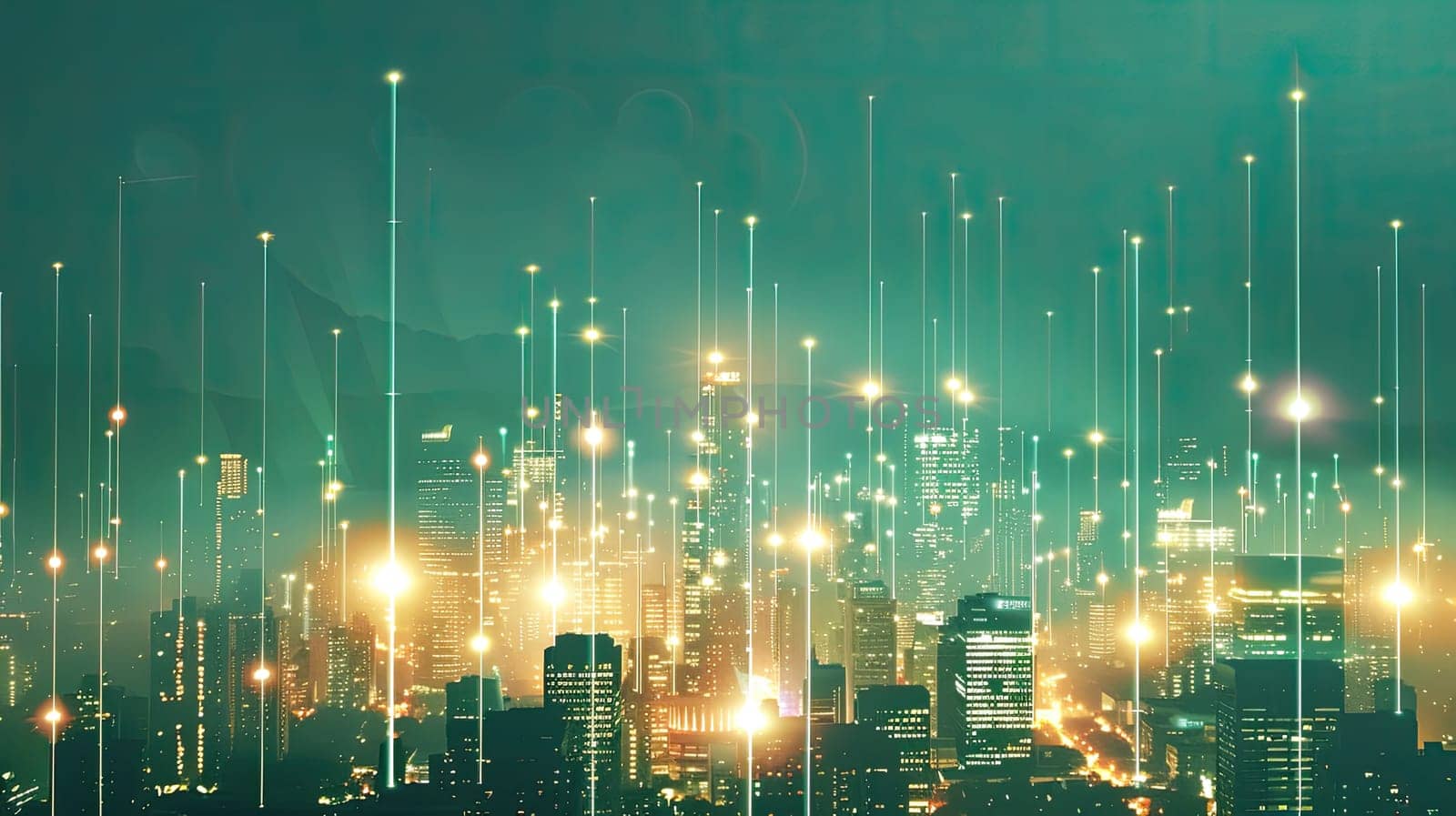 City Skyline Illuminated by Glowing Lines Representing Project Prioritization and Impact, Urban Resource Allocation.